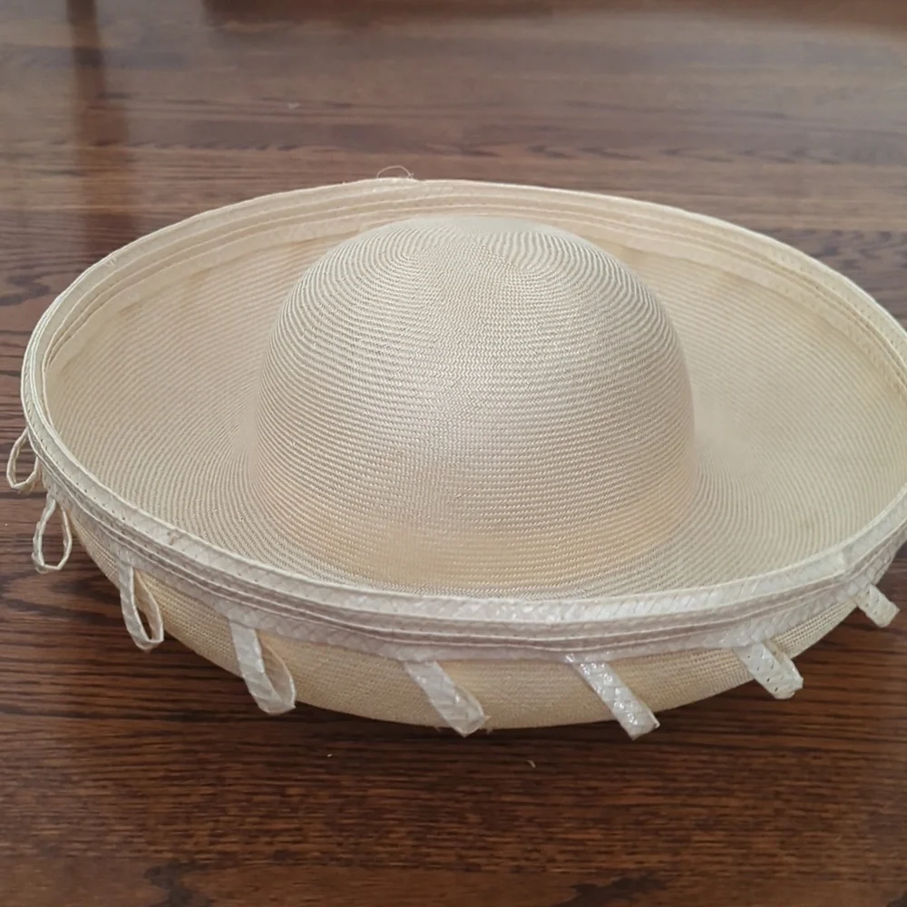 Vtg Adolfo II Old Money Cream Sculptural Wide Brim Accents Straw Hat - Picture 5 of 8